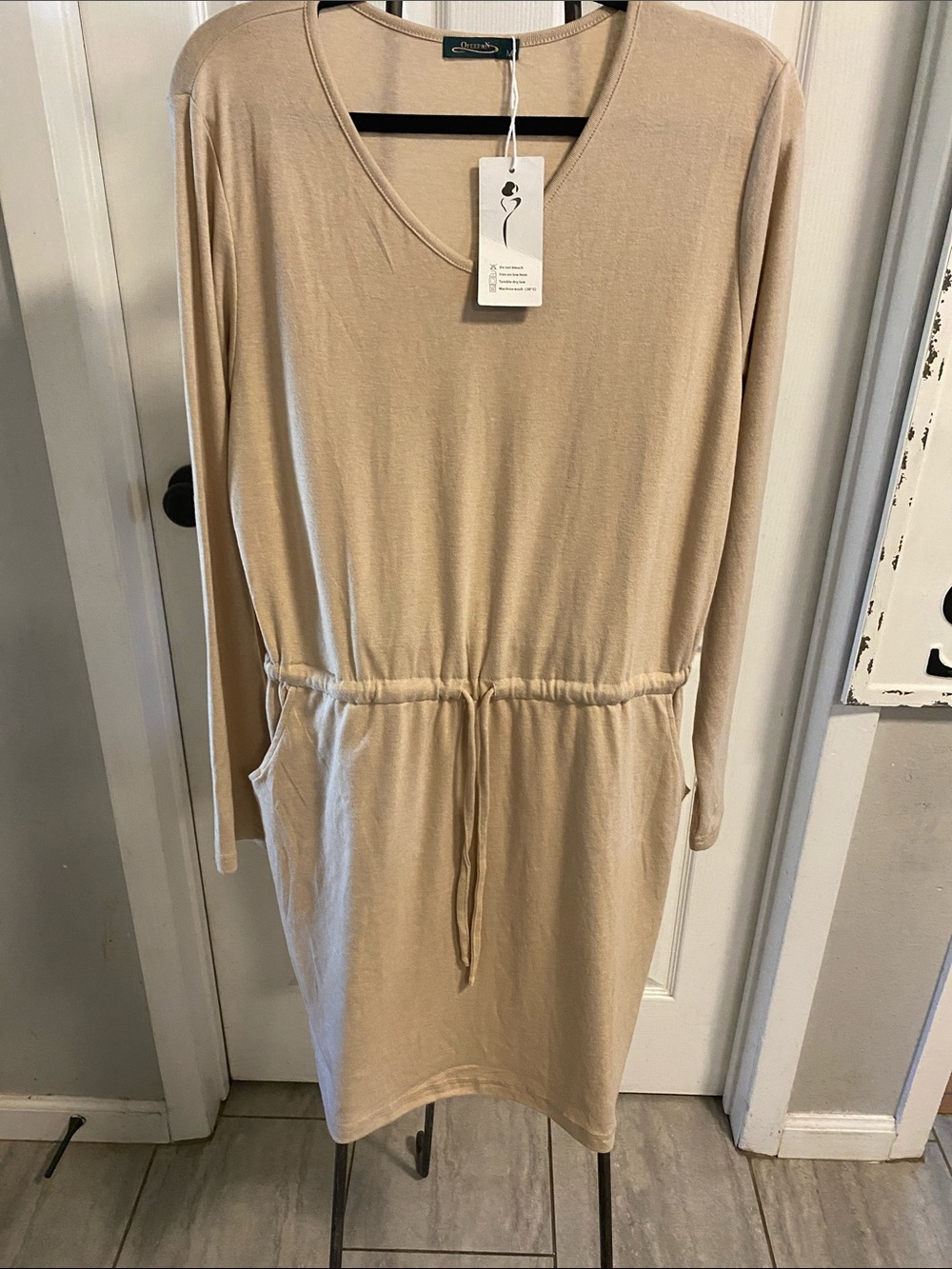 OfeefaN Beige V-Neck Drawstring Waist Dress size M BNWT